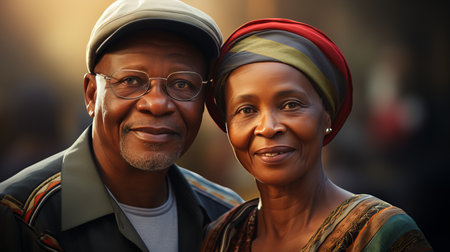 Happy african elderly couple dressed in colors of the south african flag, radiating contentmentの素材