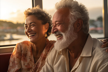 Affectionate senior couple embracing by the serene ocean, enjoying quality time togetherの素材