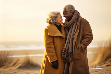 Romantic african-american elderly couple embracing happiness on seashore after retirementの素材