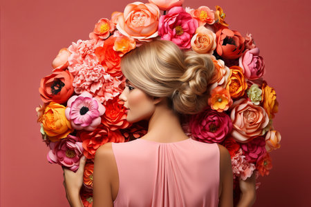 Stunning Womens Day Card Design. Beautiful Female Profiles Holding Exquisite Bouquets of Flowersの素材