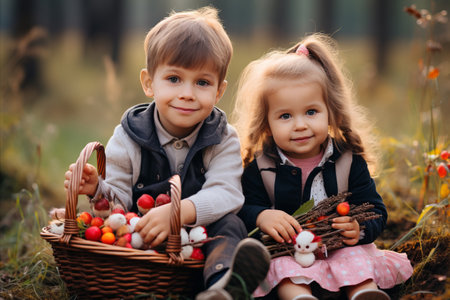 Joyful Little Children Enjoying Easter Day Picnic in a Beautiful Meadow Surrounded by Lush Greeneryの素材