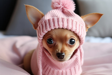 Adorable puppy in cozy clothes.The perfect Puppy Day dream.Dog love in pastel colors,animal conceptの素材