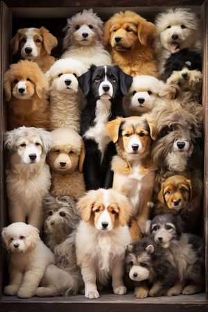 Diverse Canine Collage, Colorful Mix of Dog Breeds, Beloved Pets Concept for Stock Imagesの素材