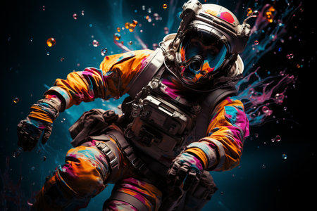 Vibrant astronaut in cosmosuit on colorful surface with space background, future conceptの素材
