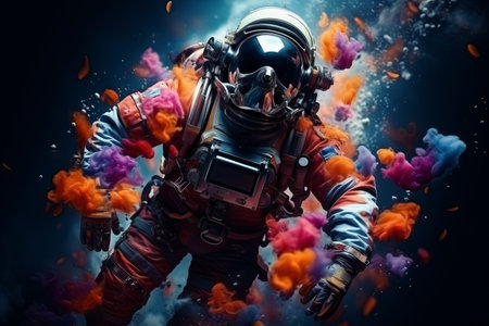 Vibrant astronaut in cosmosuit on colorful surface with space background, future conceptの素材