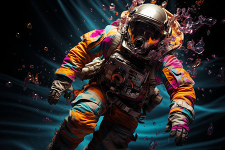 Vibrant astronaut in cosmosuit on colorful surface with space background, future conceptの素材