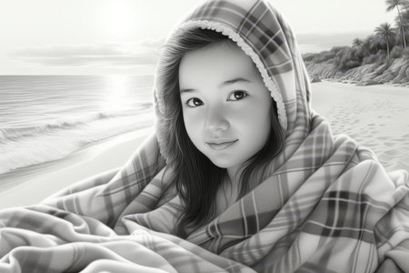 Smiling multiracial girl wrapped in a blanket, by the sea. Monochrome pencil drawing on white paperの素材