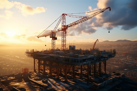 Construction tower cranes in the backdrop of construction and beautiful sunrise sky with cloudsの素材