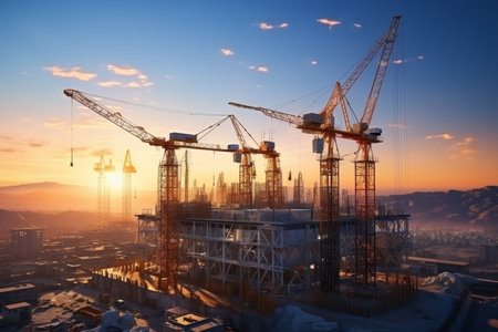 Construction tower cranes in the backdrop of construction and beautiful sunrise sky with cloudsの素材