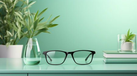 Elegant mockup on vision care theme - stylish glasses, books and green plant on green backgroundの素材