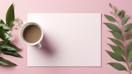 Modern office desk mockup, pink background, green plant branches, coffee cup, minimalist empty spaceの素材