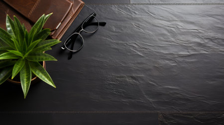 Minimalist modern office desk mockup with stylish leather notebooks, glasses, and black table designの素材