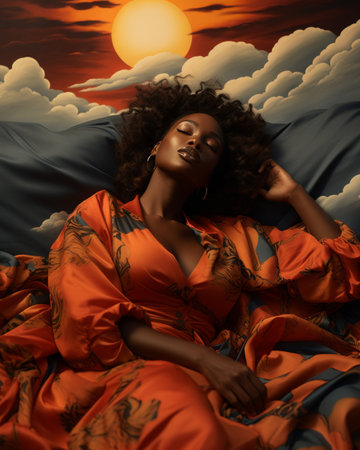 Eclectic beauty in complementary colors. fashion shoot of a starry dawn-inspired womanの素材