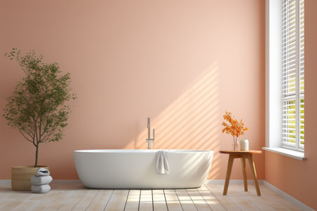 Minimalistic modern bathroom  in  color of Peach fuzz - contemporary interior design in daylightの素材