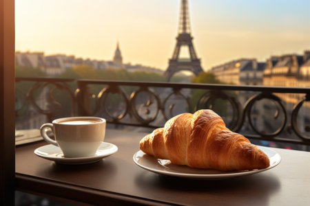 Fresh delicious french croissant and coffee, romantic parisian morning with Eiffel Tower blur viewの素材