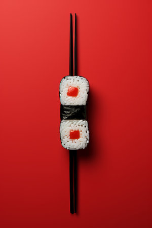 Fresh sushi with chopsticks on red background, minimalistic close-up,copy space,vertically,top viewの素材