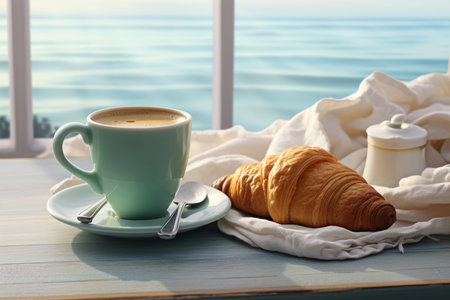 Romantic breakfast with coffee and croissants on balcony overlooking turquoise sea, travel conceptの素材
