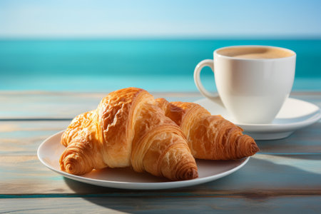 Romantic breakfast with coffee and croissants on balcony overlooking turquoise sea, travel conceptの素材