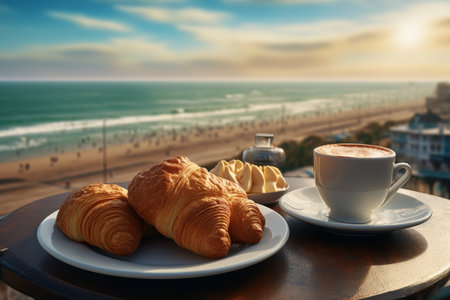 Romantic breakfast by the turquoise sea and beach. coffee and croissants on balconyの素材