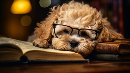 Cute dog in glasses lying on books - pet care, education, obedience training concept, bannerの素材