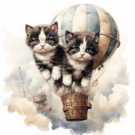 Two cute  kittens on an air balloon against the sky with clouds, watercolor pencil drawing styleの素材