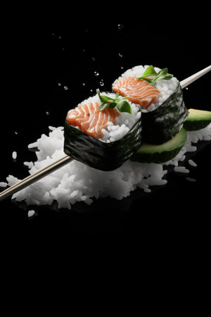 Freshly made sushi with salmon and cucumber pieces on steamed rice on elegant black backgroundの素材