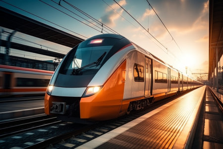 Modern high-speed train with streamlined design at busy railway station platform outdoorの素材