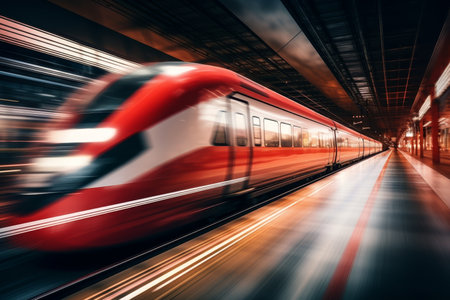High speed train moving on railway station with motion blur effect, transportation conceptの素材