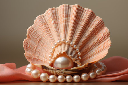 Seashell fan and natural pearls in peach fuzz tones, jewelry concept for elegant accessoriesの素材