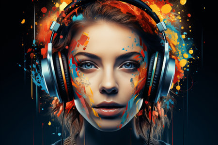 Pop art illustration of teenager with headphones and colorful brushstrokes on black backgroundの素材