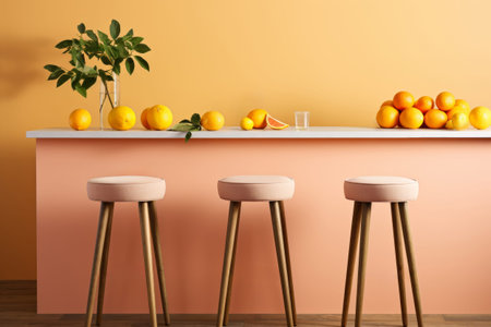 Fresh aromatic oranges on minimalist kitchen counter in  color of the year - peach fuzzの素材