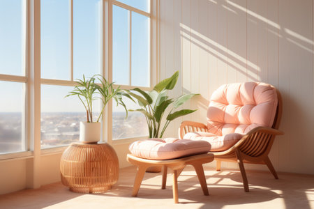 Minimalist modern  corner living room interior design in peach fuzz accents, in daylight,angled shotの素材