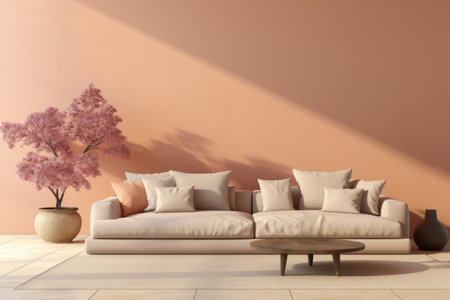 Minimalist modern living room interior design and cozy furnishings in beige-brown tones,in daylightの素材