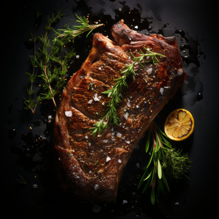 Tomahawk steak with fresh rosemary and mint, top view in luxurious michelin kitchen styleの素材