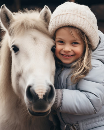 Cute girl in warm clothes hugging a white horse. Hippotherapy concept for rehabilitationの素材