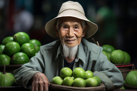 Exotic green fruits at Vietnamese market, elderly friendly trader selling goods, early morningの素材