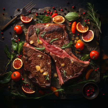 Luxurious michelin-style top view tomahawk steak with fresh herbs, tomatoes, and citrus flavorsの素材