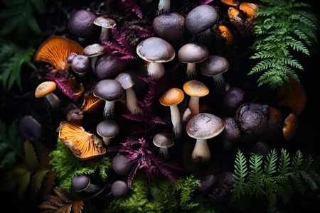 Assorted fresh forest mushrooms, edible and inedible, unknown species, mushroom identificationの素材