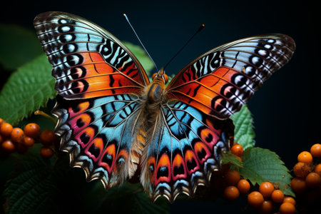 Macro photography of a beautiful butterfly, focus stacking reveals wing mechanism on dark backgroundの素材