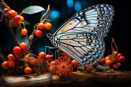 Macro photography of a beautiful butterfly, focus stacking reveals wing mechanism on dark backgroundの素材