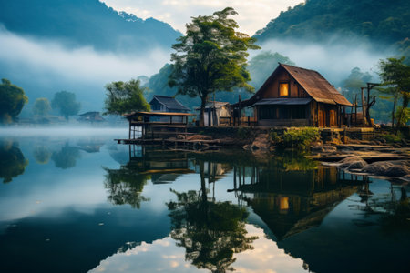 Vietnamese house near misty lake in picturesque mountain valley, bamboo tree, early morning lightingの素材