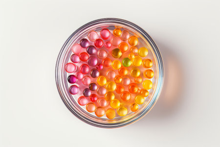 Colorful gelatin capsules in petri dish, vitamin production concept, health supplementsの素材