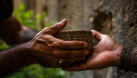 Close-up of male hands passing old goblet with drink to show support and help in friendshipの素材