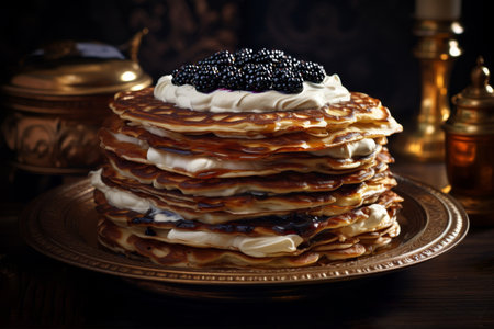 Scrumptious homemade pancakes topped with sour cream and freshly picked blackberriesの素材