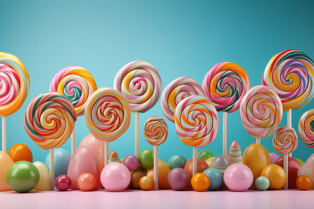 Colorful fantasy lollipops on pink and blue background, soft pastel colors, whimsical candy treatsの素材