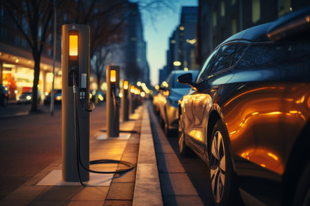 Electric car and charging station with city lights in background for eco-friendly transport conceptの素材
