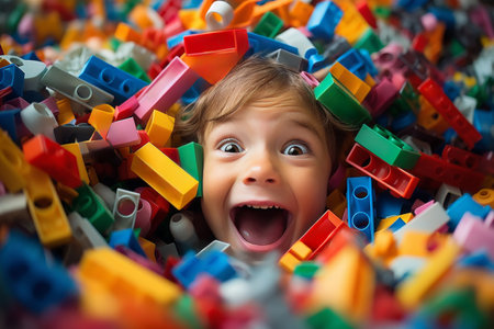 Excited child with colorful big Lego blocks - ideal toy for creative play and learningの素材