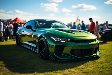 Green modern sports vehicle parked in a field for display at open-air automotive show, front viewの素材
