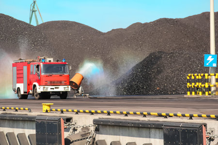 A bright red fire truck is spraying water on a large pile of black coal, creating a beautiful...