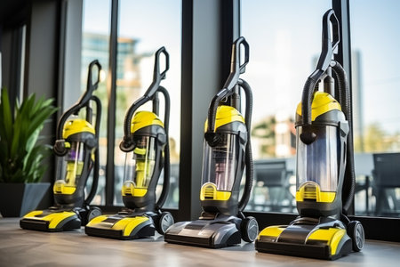 Showroom showcasing modern autonomous vacuum cleaners for sale, household appliances on displayの素材